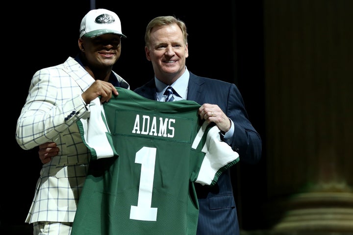 Jamal Adams poses with Roger Goodell after being picked No. 6 overall by the New York Jets during the first round of the 2017