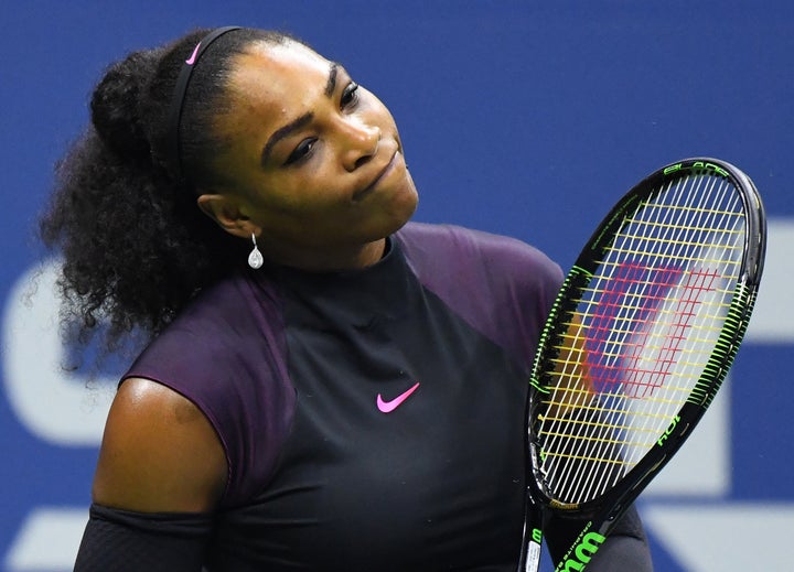 Serena Williams reacts after a missed shot against Karolina Pliskova of the Czech Republic on day eleven of the 2016 U.S. Open tennis tournament.