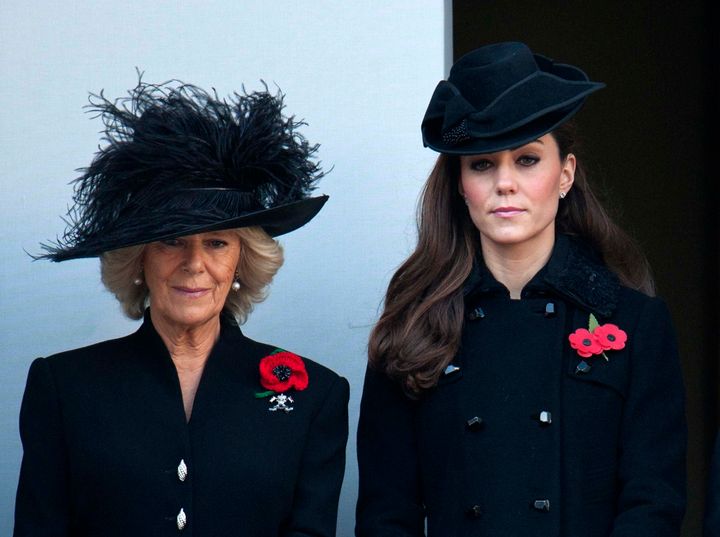Camilla, Duchess of Cornwall and Catherine, Duchess of Cambridge on a balcony at the Cenotaph in Whitehall, central London for the annual Remembrance Day Service.