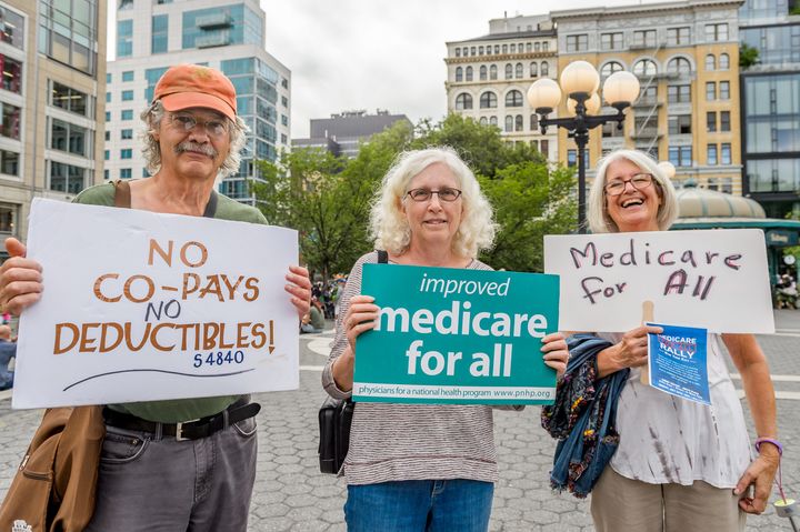 Progressive activists demonstrate for single-payer health insurance in Manhattan's Union Square on July 2.