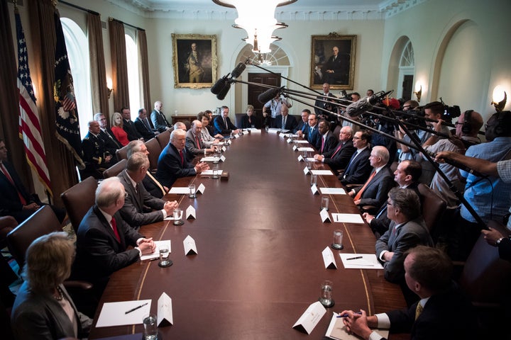  President Donald Trump speaks during a cabinet meeting in the Cabinet Room of the White House in Washington, DC on Monday, July 31, 2017. 