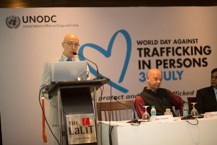 Mr. Sergey Kapinos, UNODC Regional Representative for South Asia, unveiling the Trafficking in Persons platform in New Delhi.