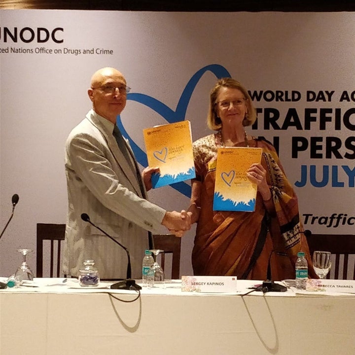 <p>Mr. Sergey Kapinos, UNODC Regional Representative for South Asia and Ms. Rebecca Tavares, UN Women Office for India, Bhutan, Sri Lanka and Maldives after signing the joint declaration.</p>