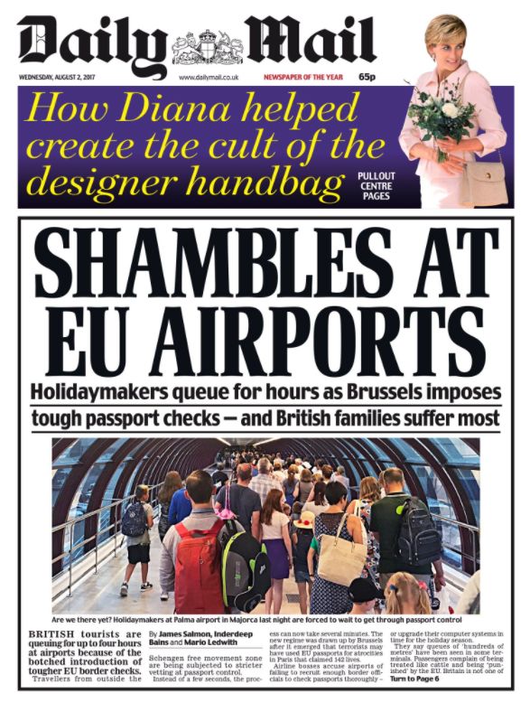 Wednesday's Daily Mail front page expressed outrage at EU airports