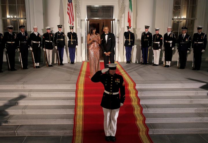Former President Barack Obama and First Lady Michelle on the steps of the White House awaiting the arrival of the Italian Prime Minister in 2016 