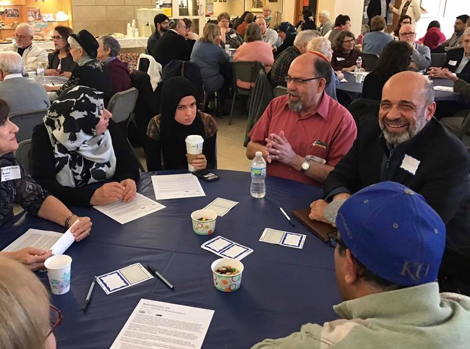 Muslim and Jewish community members speak at a "Meet a Muslim" event at a synagogue in March.