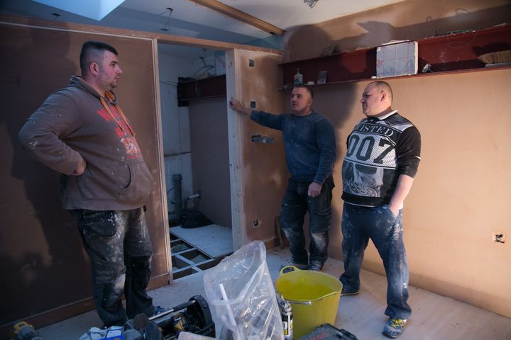 This group of Polish builders working in east London are among the near 100,000 EU-born construction workers in the capital 