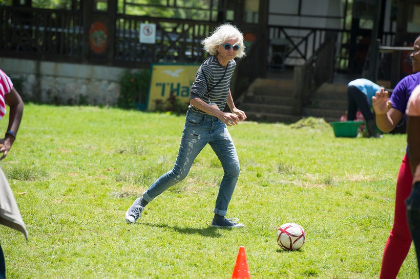 <strong>Dr. Jane Aronson showing off her soccer skills, Kan Etwal, Kenscoff, Haiti.</strong>