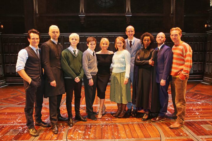 Jamie Parker, Alex Price, Anthony Boyle, Sam Clemmett, J.K. Rowling, Poppy Miller, Jack Thorne, Noma Dumezweni, director John Tiffany and Paul Thornley attend the press preview of "Harry Potter & The Cursed Child" on July 30, 2016, in London. 