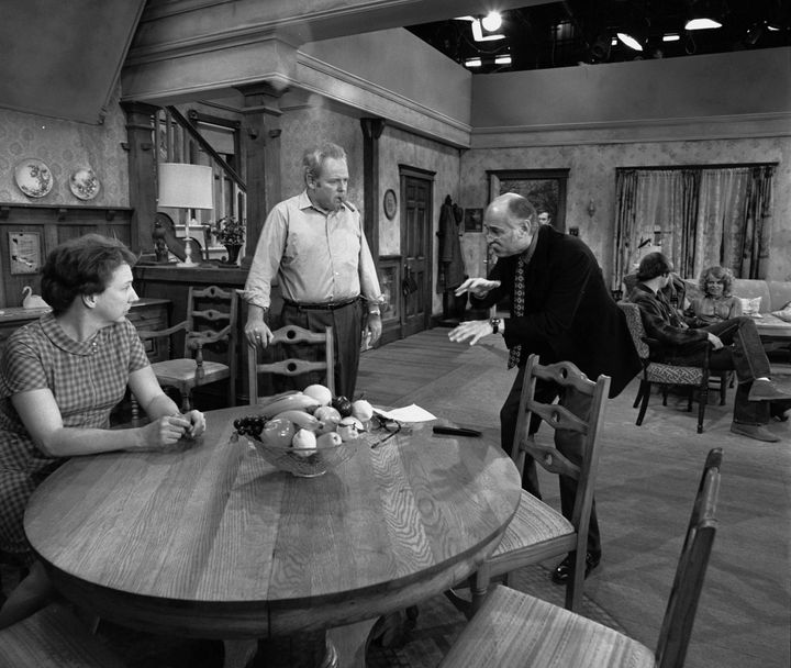 Lear speaks to Jean Stapleton and Carroll O'Connor on the set of "All in the Family" in December 1970.