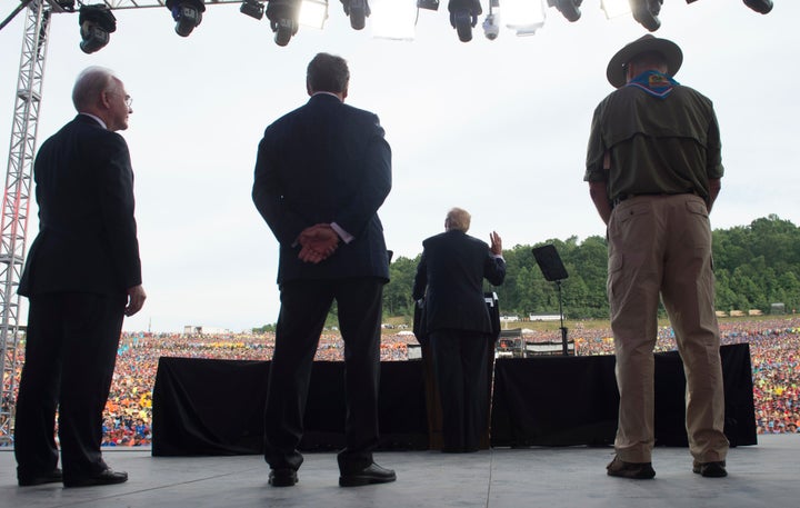 President Donald Trump speaks during the National Boy Scout Jamboree at Summit Bechtel National Scout Reserve in Glen Jean, West Virginia, on July 24.