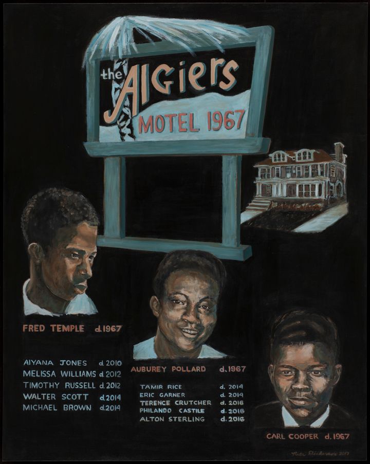 “1967: Death in the Algiers Motel and Beyond,” 2017, Rita Dickerson, acrylic on canvas. Courtesy of the artist.