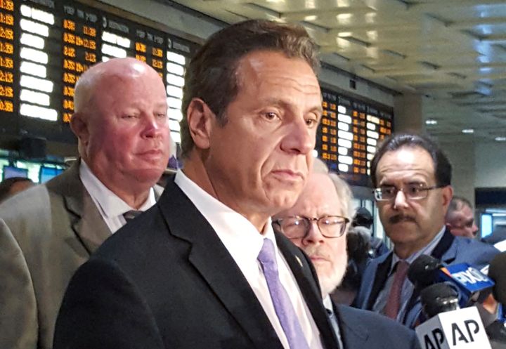 New York Gov. Andrew Cuomo holds a news conference at Penn Station on Sept. 19, 2016. Changes in an editorial about the governor's responsibility for the station is at the center of a debate between current and former New York Times staffers. 