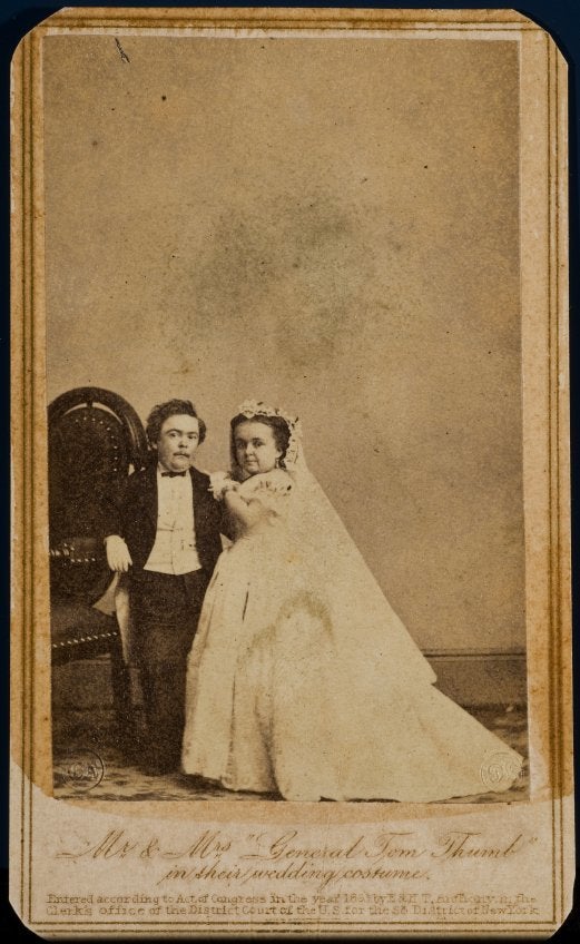 <p> Mathew Brady, <em>Mr. and Mrs. Tom Thumb in their Wedding Costume</em> (1863), Carte-de-visite, <em>2015.14.14</em> </p>