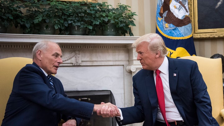 New White House Chief of Staff John Kelly and President Donald Trump shake hands after being privately sworn in during a ceremony in the Oval Office of the White House in Washington, D.C., on Monday, July 31, 2017. 