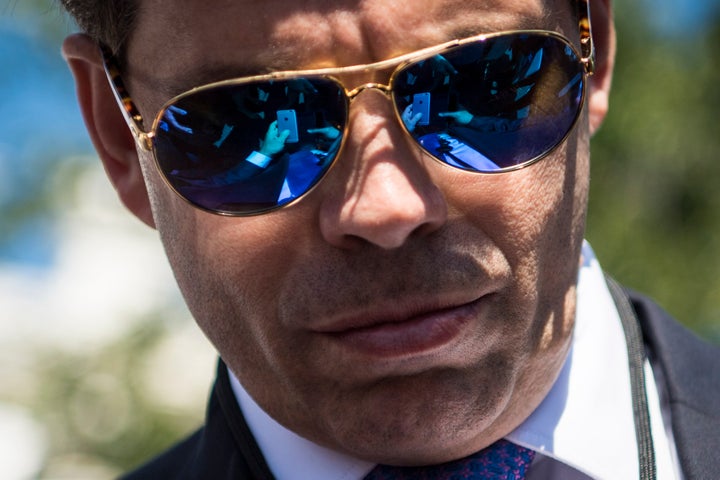 Former White House communications director Anthony Scaramucci talks with reporters and members of the media outside the West