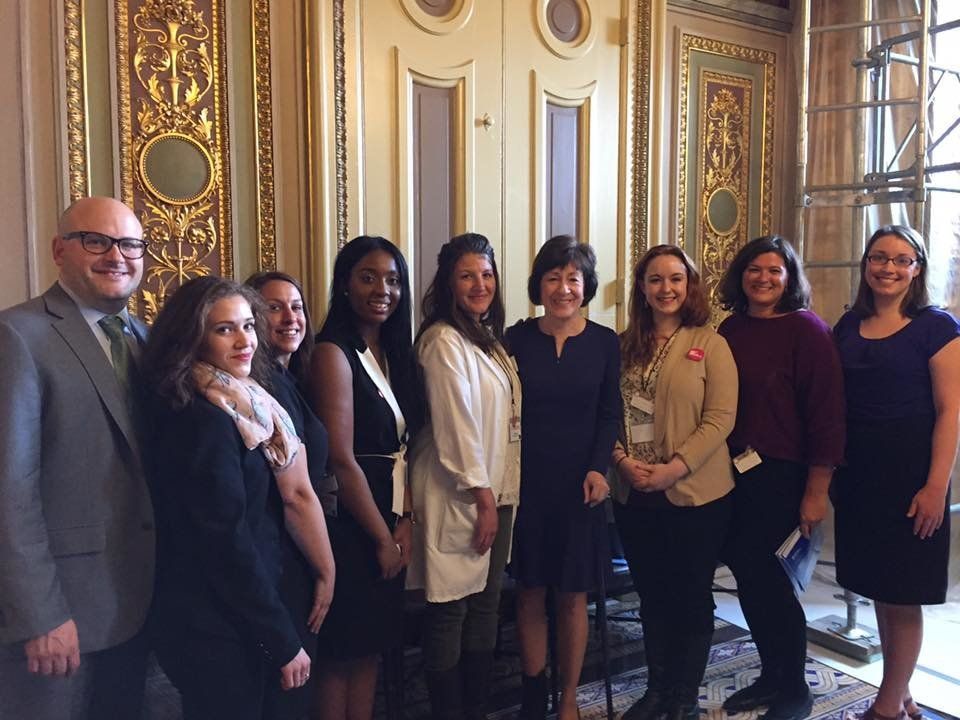 Senator Susan Collins with (L-R): Jeremy Kennedy, Director of Advocacy for Planned Parenthood Maine Action Fund; Bri Beck, patient advocate; Jessica Dolce, patient advocate; Melissa Hue, patient advocate; Alison Bates, nurse practitioner for Planned Parenthood of Northern New England in Maine; Jillian McLeod-Tardiff, patient advocate; Nicole Clegg, Vice President of Public Policy for Planned Parenthood Maine Action Fund; Amy Cookson. Communications Manager for Planned Parenthood Maine Action Fund