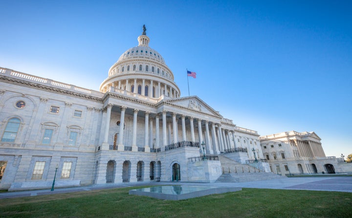 Low angled view of the U.S. Capitol East Facade Front in Washington, D.C.