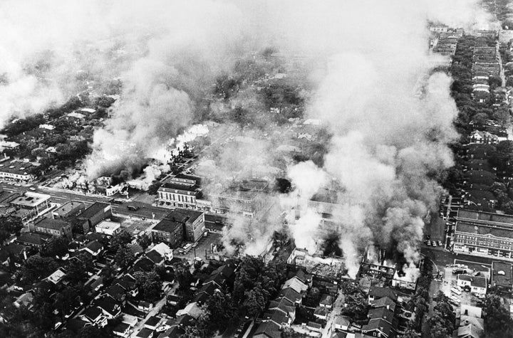 Aerial view of burning buildings in Detroit on July 25, 1967 during riots that erupted in Detroit following a police operation. 