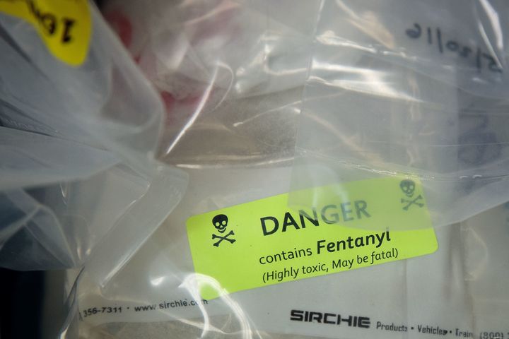 Bags of heroin, some laced with fentanyl, are displayed before a press conference about a drug bust, held at the New York attorney general's office in September 2016.
