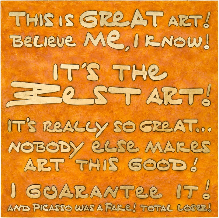 <p><em>The Best Art! I Guarantee It!</em>, 2017, mixed media: Cheetos, fake gold, acrylic on board, 59””x59”</p>