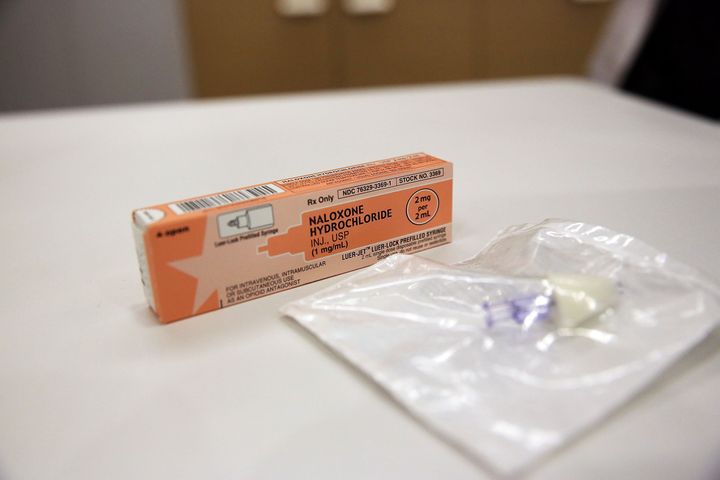 A box of the overdose antidote naloxone hydrochloride sits on a counter at a Walgreens store in New York City in February 2016.