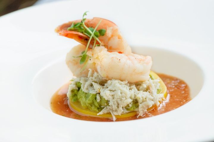 This is our new favorite foodie trio. The crab and shrimp cocktail uses a spiced heirloom tomato as a base to hold fresh avocado puree, lump crab meat, and shrimp cocktail. Who knew crab and avocado were best friends.