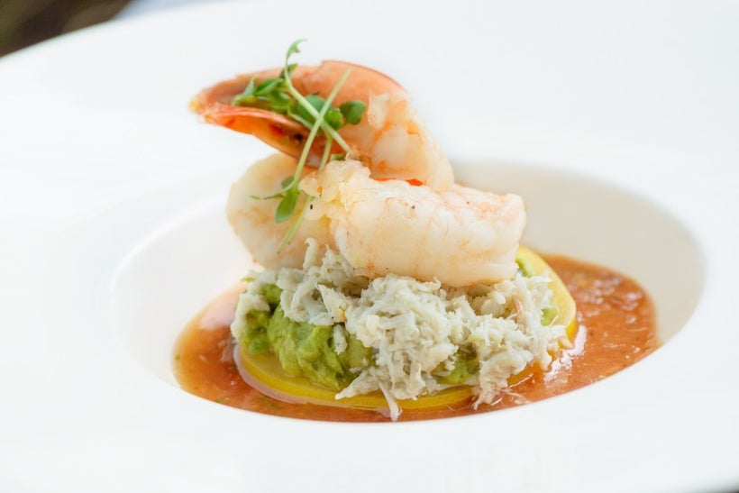 This is our new favorite foodie trio. The crab and shrimp cocktail uses a spiced heirloom tomato as a base to hold fresh avoc
