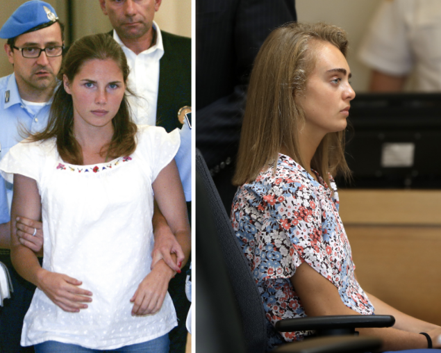 Left: Amanda Knox, an American exchange student in Italy, arrives in court for her appeal trial in 2011. Knox was eventually acquitted in the murder of her roommate. Right: Michelle Carter on trial in June 2017, charged with involuntary manslaughter after encouraging her boyfriend to kill himself.