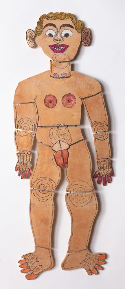 Camille Holvoet, ink and marker on wood, 47 by 15 by one inches