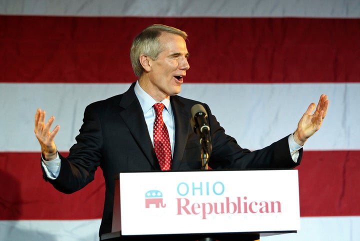 Ohio Sen. Rob Portman speaks to the crowd at an election rally in Columbus.