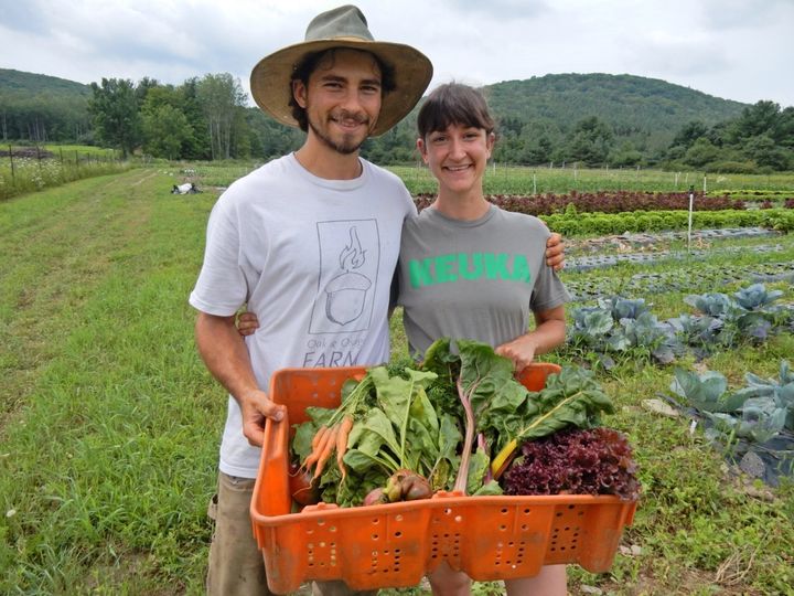 <p>Nicole and Peter, Oak & Osage Farm, With Pleasant Valley Inn “Pick Your Own Dinner” bounty, Hammondsport NY</p>