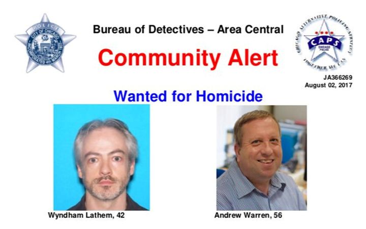 A wanted poster distributed by the Chicago Police Department shows suspects Wyndham Lathem, 42, and Andrew Warren, 56