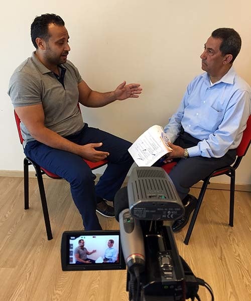 <p><em>Attaché Basim Ajweh (left) and trainer/interviewer Abdulhamid Abdeljaber (Abu-Fadil)</em></p>