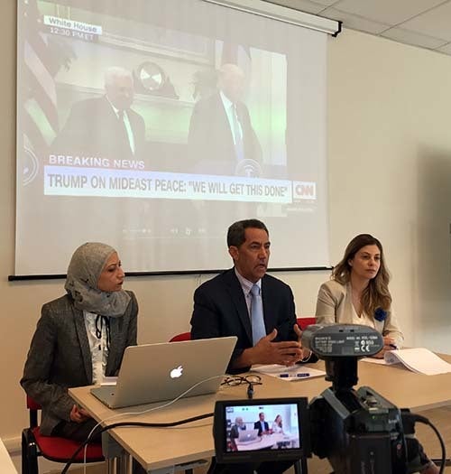 <p><em>White House news conference simulation with Ghada Arafat, Abdulhamid Abdeljaber and Hanan Jarrar (Abu-Fadil)</em></p>