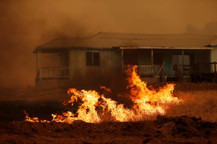 Grass burns in front of a home during the Detwiler fire in California, on July 19.