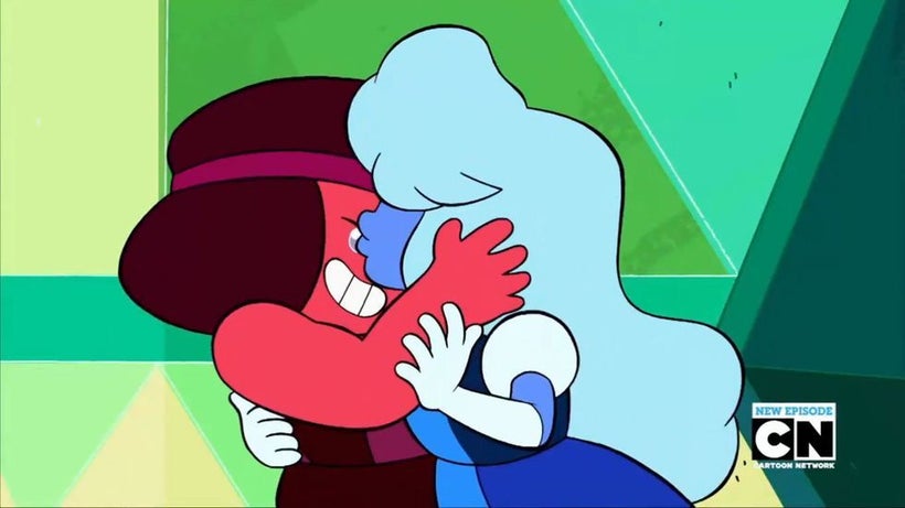 Ruby (left) and Sapphire (right) from the hit cartoon <em>Steven Universe</em> by Rebecca Sugar
