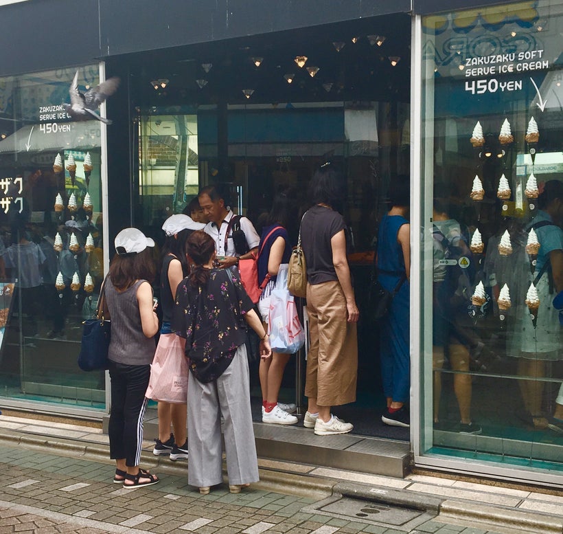 The line for a Zaku Zaku cone typically spills out onto Takeshita Dori.