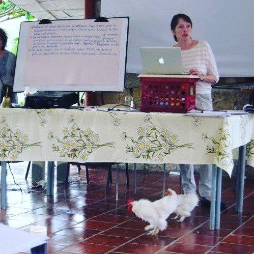 <p>Ginny, in Colombia, working with communities, ignores the chickens pecking at her feet</p>