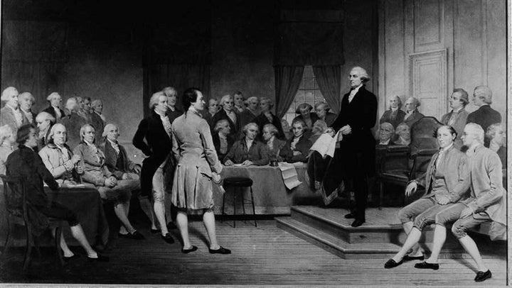 George Washington is depicted in a 1856 painting, “George Washington Addressing the Constitutional Convention,” by Junius Bru