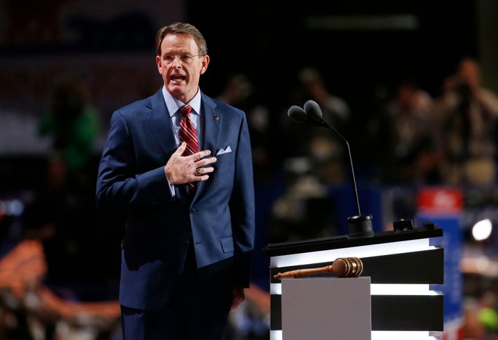 Tony Perkins of the Family Research Council leads the Pledge of Allegiance at the Republican National Convention. July 21, 20