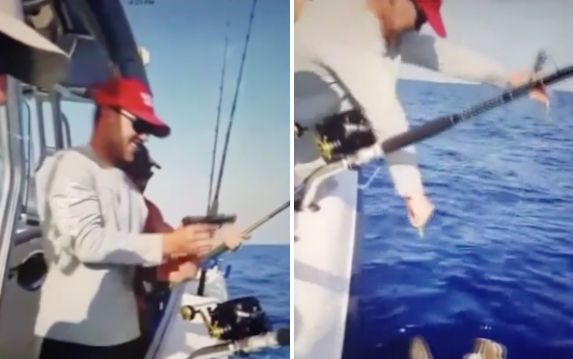 In the video, a man wearing a red baseball cap shoots a hammerhead shark twice.