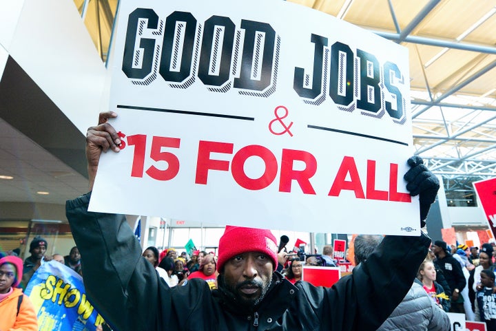 Fight for $15 supporters rally at the headquarters of Hardee's fast-food restaurants in St. Louis on Feb. 13. St. Louis