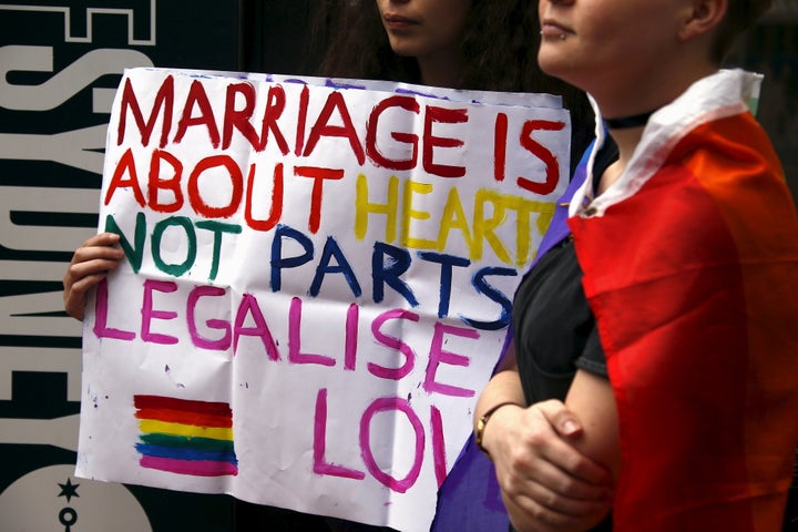 Gay rights activists in Sydney in 2015 campaign for same-sex marriage in Australia, an issue that has consistently had the support of most Australians for the past 10 years.