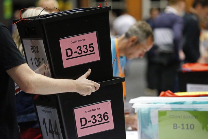 Ballot boxes at the Manchester Central Convention Complex for the European referendum vote count