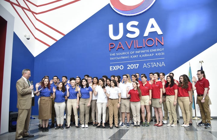 US Ambassador to Kazakhstan George Krol administering oath of office to 40 American Student Ambassadors to World EXPO 2017 at USA Pavilion