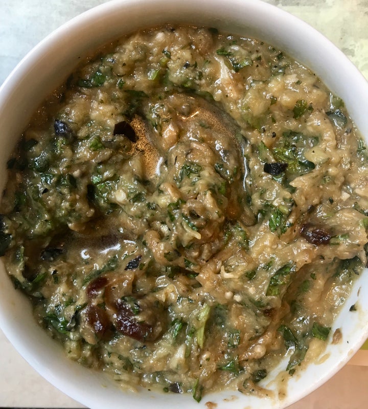 <p>Smoky eggplant scented with mint and sweetened with nuggets of dates</p>