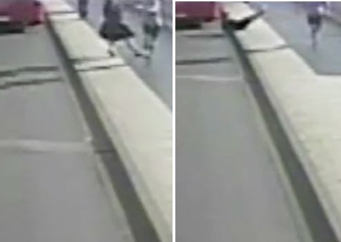 A woman is seen getting knocked over in front of an oncoming bus by a passing jogger.
