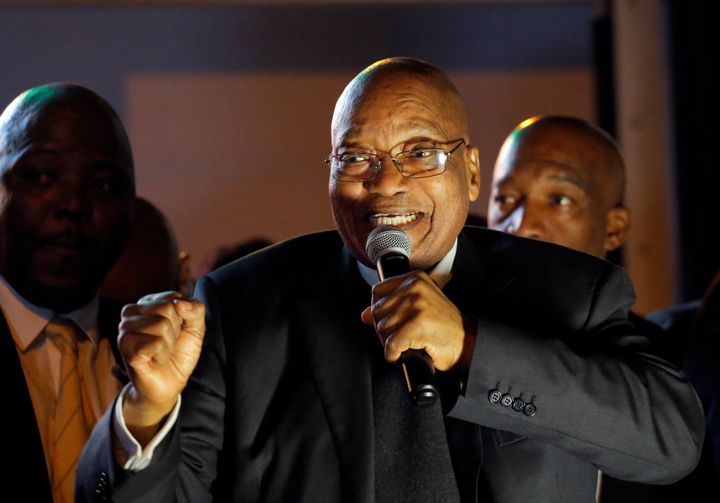 South African President Jacob Zuma addresses his supporters after surviving a no-confidence motion in Cape Town, South Africa, on Tuesday.