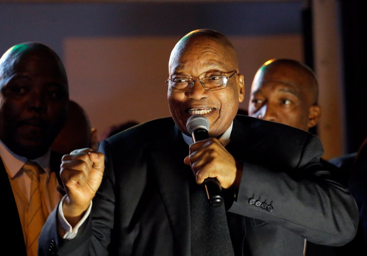 South African President Jacob Zuma addresses his supporters after surviving a no-confidence motion in Cape Town, South Africa